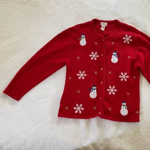 Woman's Winter (Snowman/Snowflake) Themed Cardigan Sweater - Picture 4 of 5